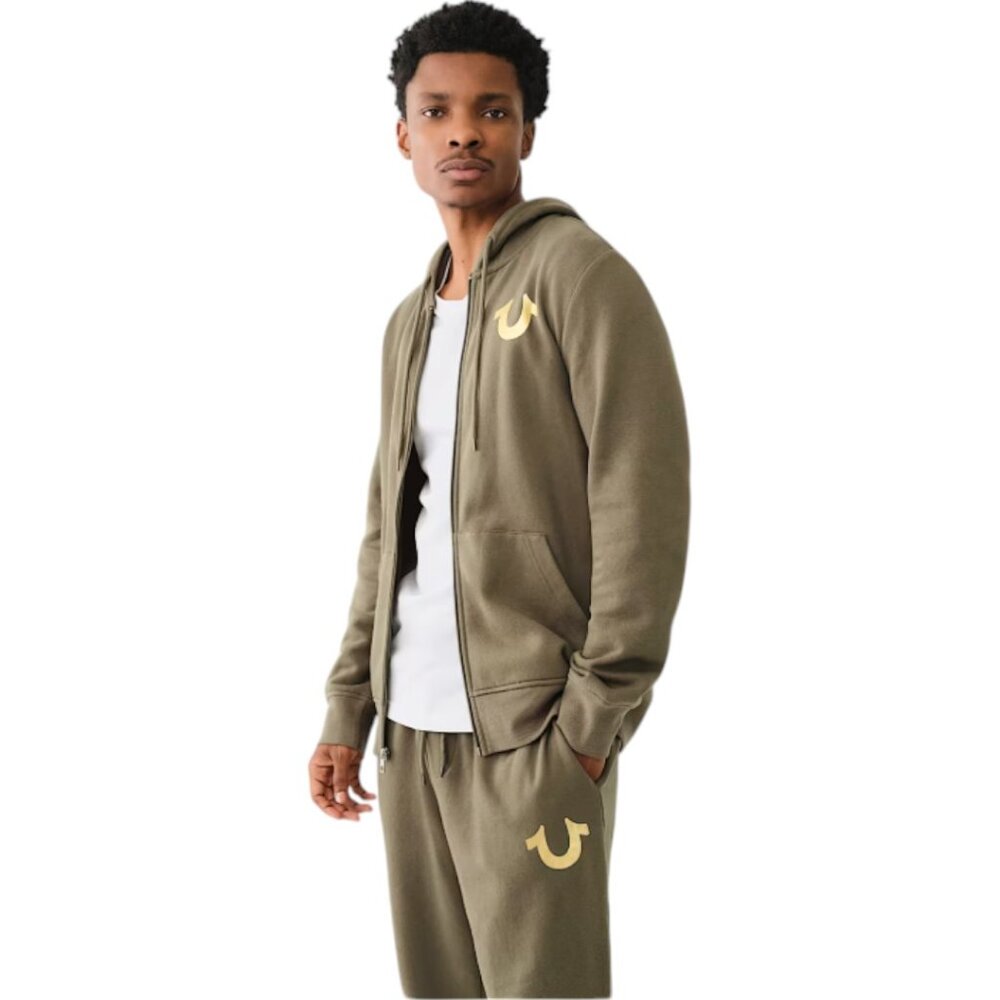 True Religion Men's 2 PC Sweatsuit Fleece Tracksuit Matching Outfit Olive Green - Picture 2 of 10